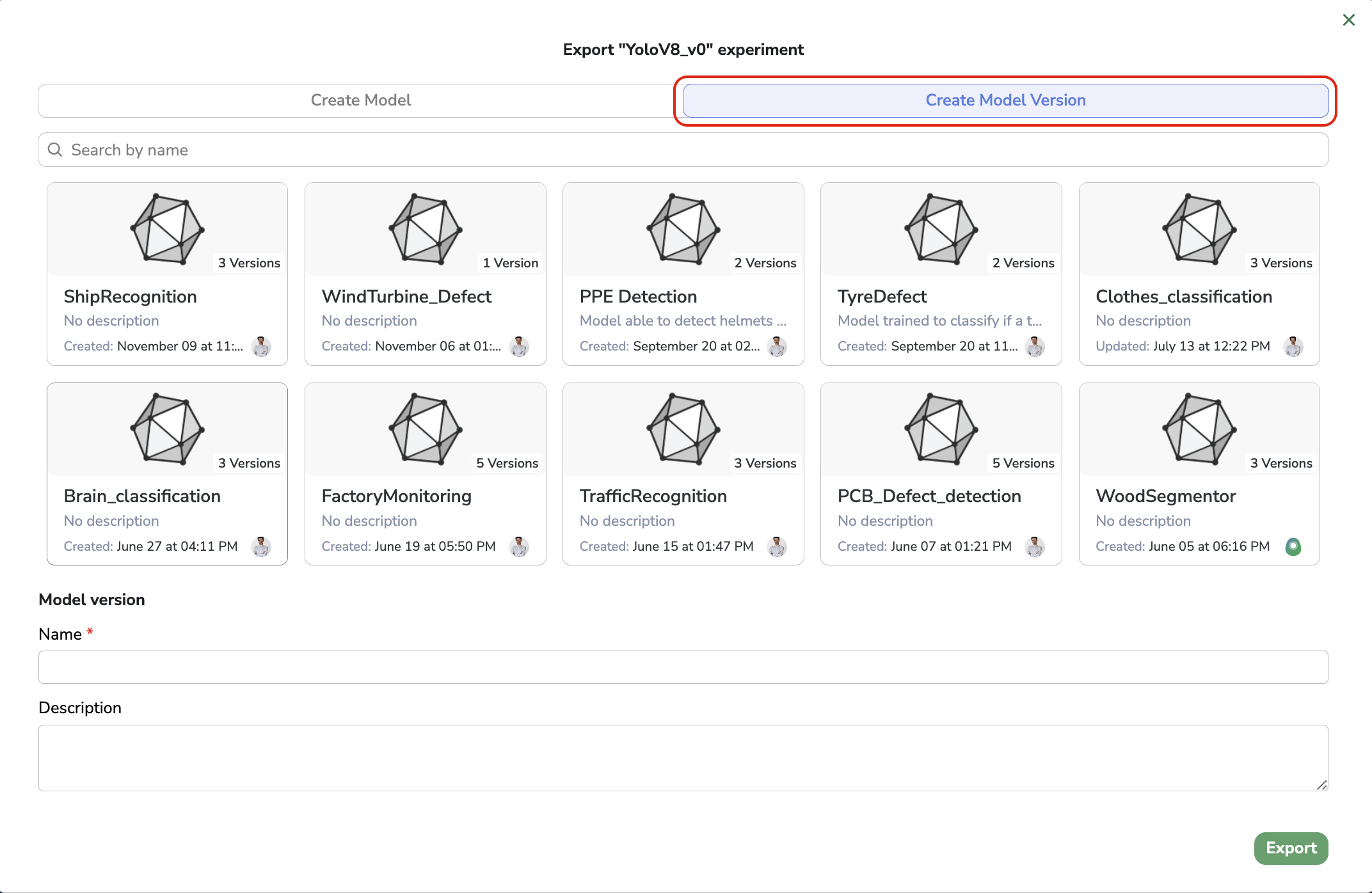 `ModelVersion` of existing `Model` creation though `Experiment` export