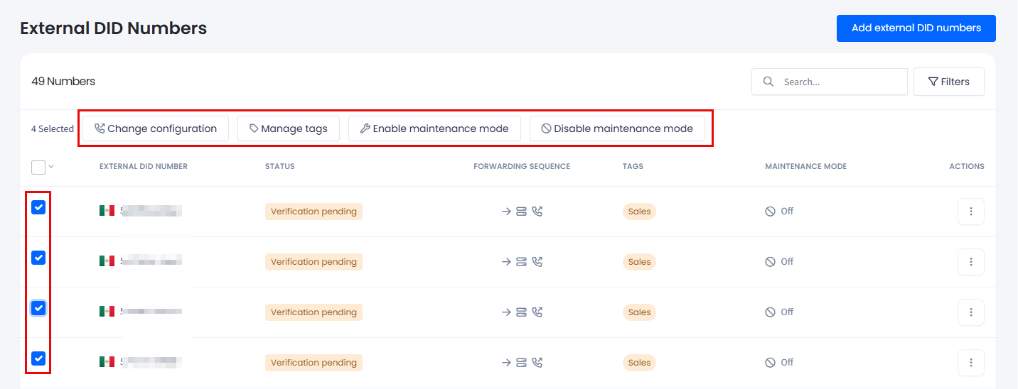Screenshot of the bulk action controls above the External DID Numbers table