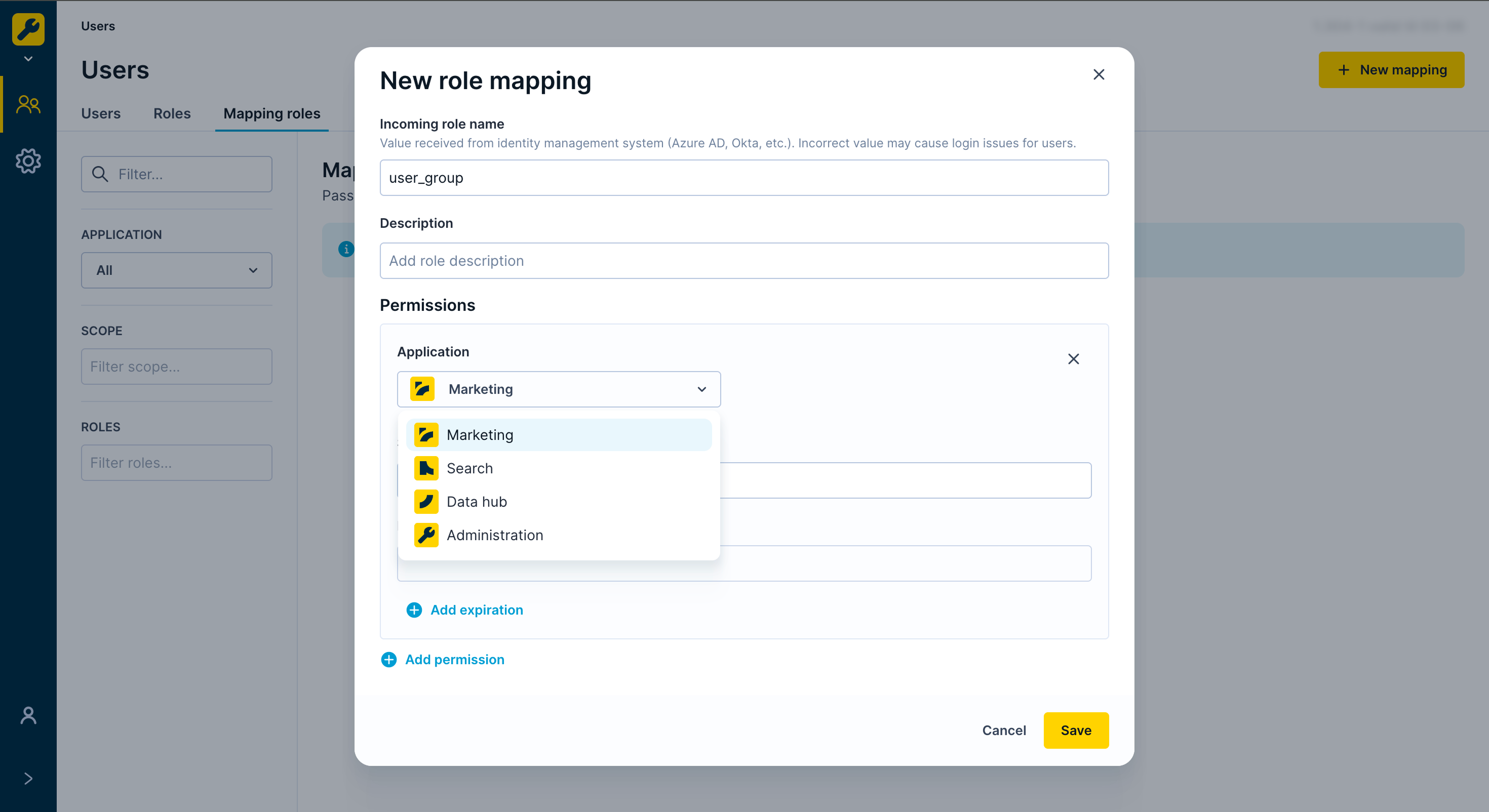 New role mapping dialog showing incoming role name field and application selected.