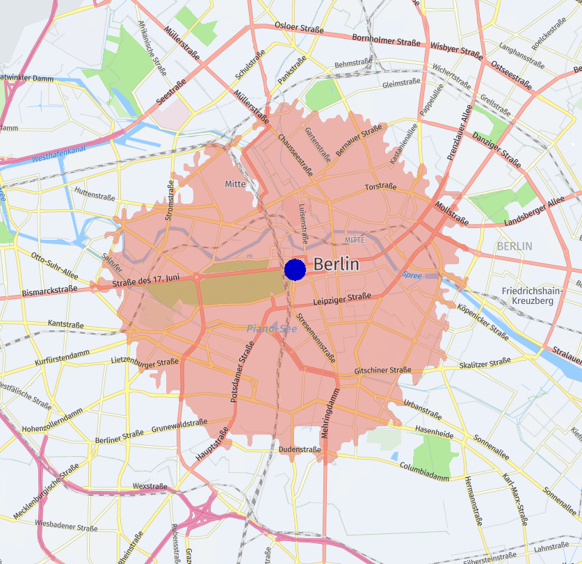 Example isoline representing the travel distance of 4 km from the center of Berlin