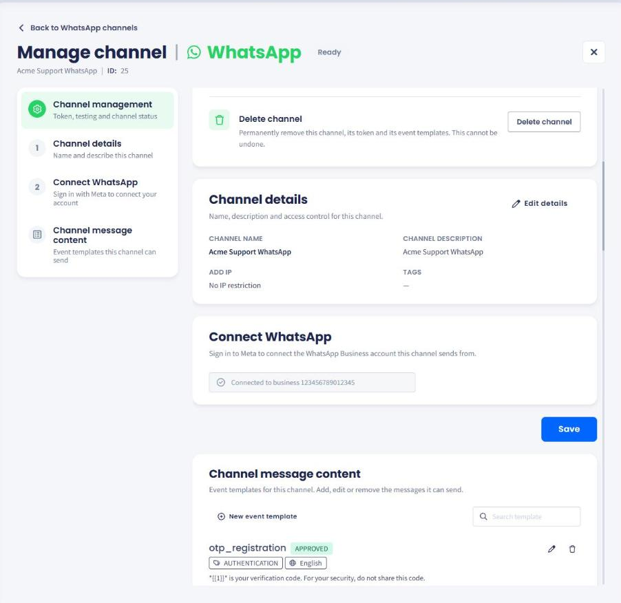 Screenshot of the Channel message content section listing WhatsApp templates with their approval status