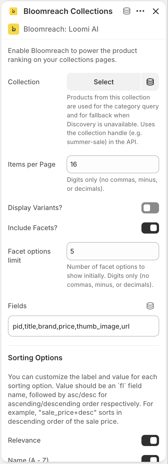 Loomi AI for Shopify Collections settings.