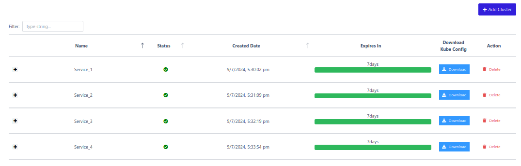 Clusters list with dedicated kubeconfig and endpoint