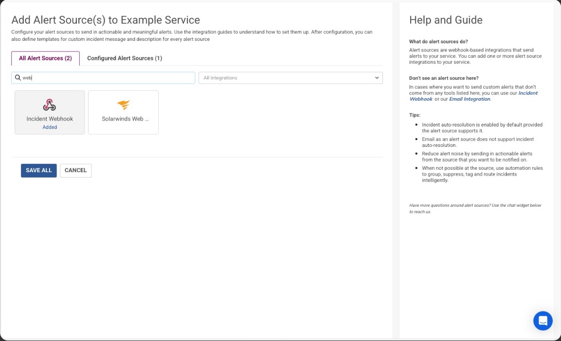 Searching for web in the Add Alert Source screen, showing the Incident Webhook and Solarwinds Webhook cards