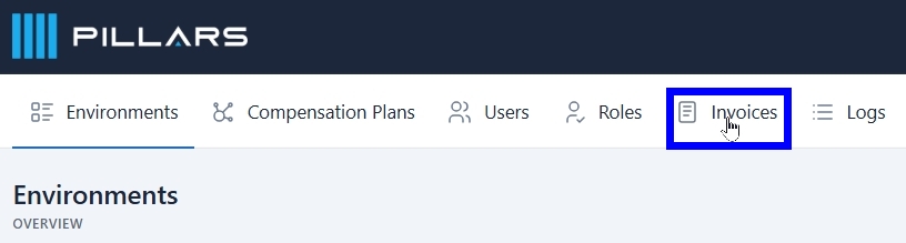 Top Pillars Portal menu with "Invoices" highlighted.