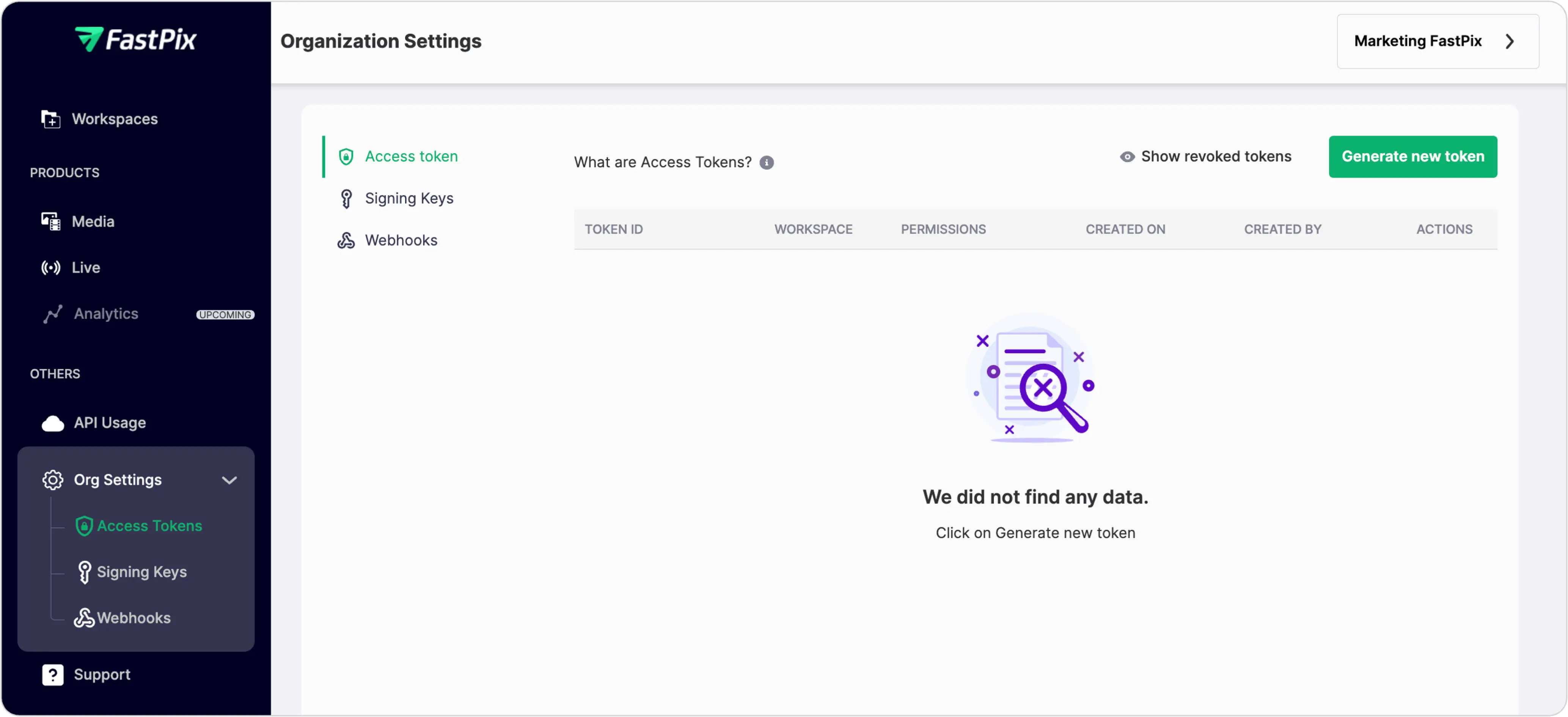  FastPix organization settings dashboard to create new access token