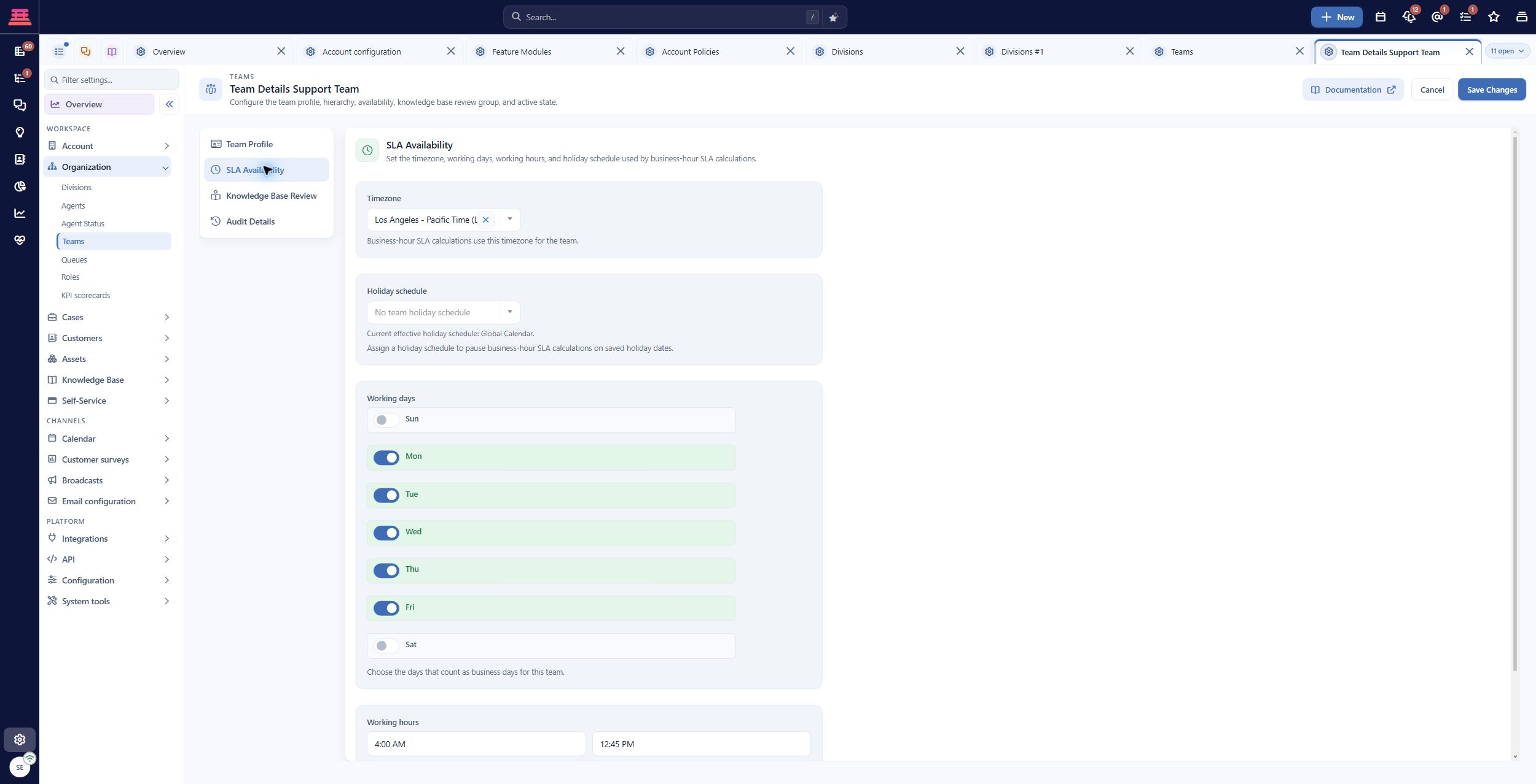 Saved team SLA Availability. Demo hours differ from the suggested training schedule; the effective holiday calendar is shown.