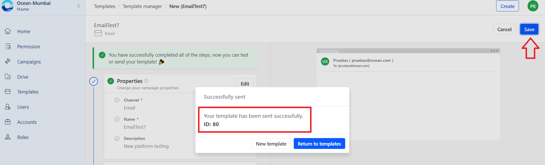 Email template save button