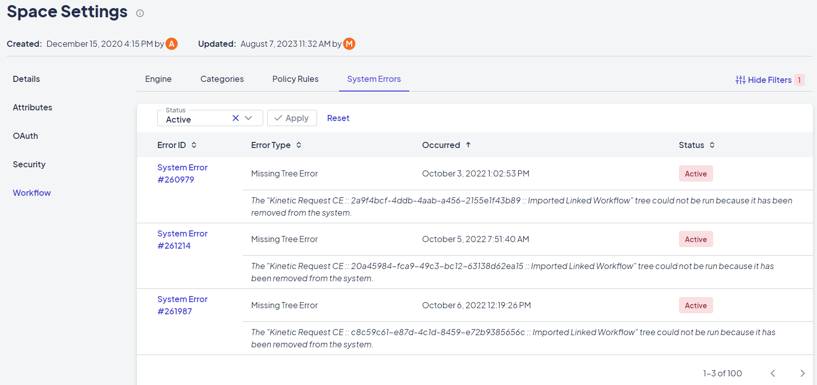 Workflows tab: System Errors view