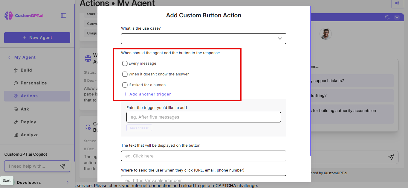 pop up window to configure custom button