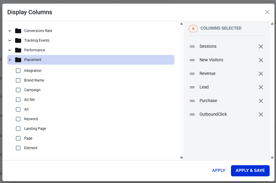 Select columns from four categories (Conversions Rate, Tracking Events, Performance and Placement).