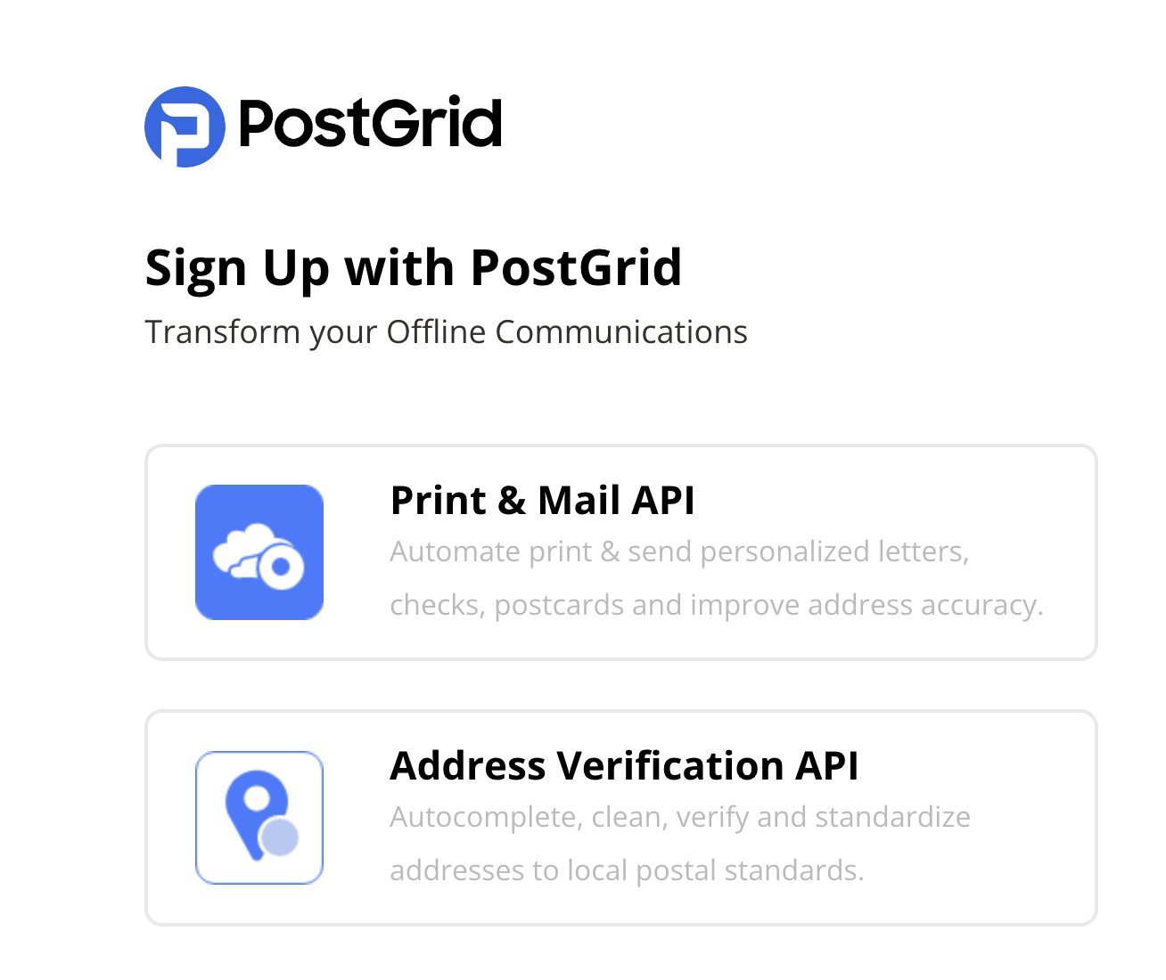 PostGrid's user signup page