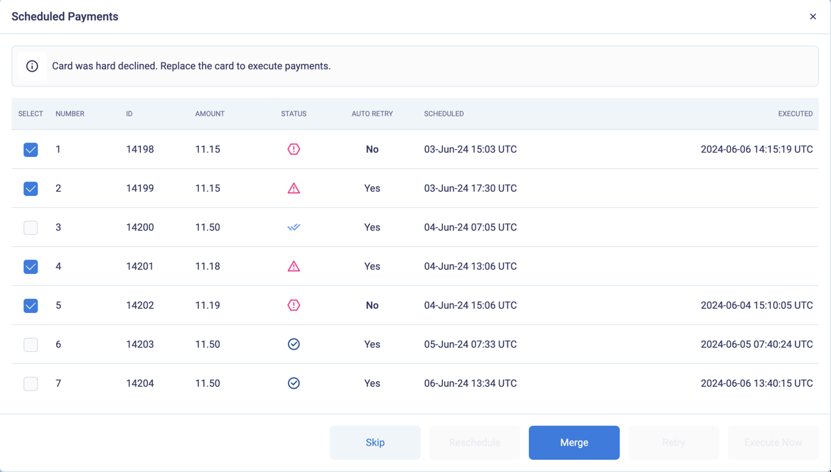 Select declined billing events to merge them