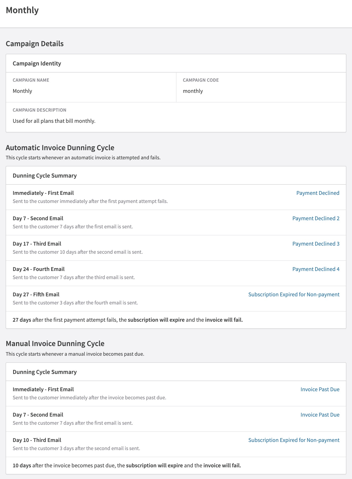 Dunning Management Interface