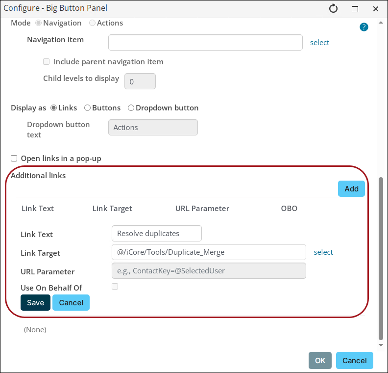 Big Button Panel configuration window with emphasis on how to configure the "Resolve duplicates" link, including the link text, link target, URL parameter, and checkbox for use on behalf of