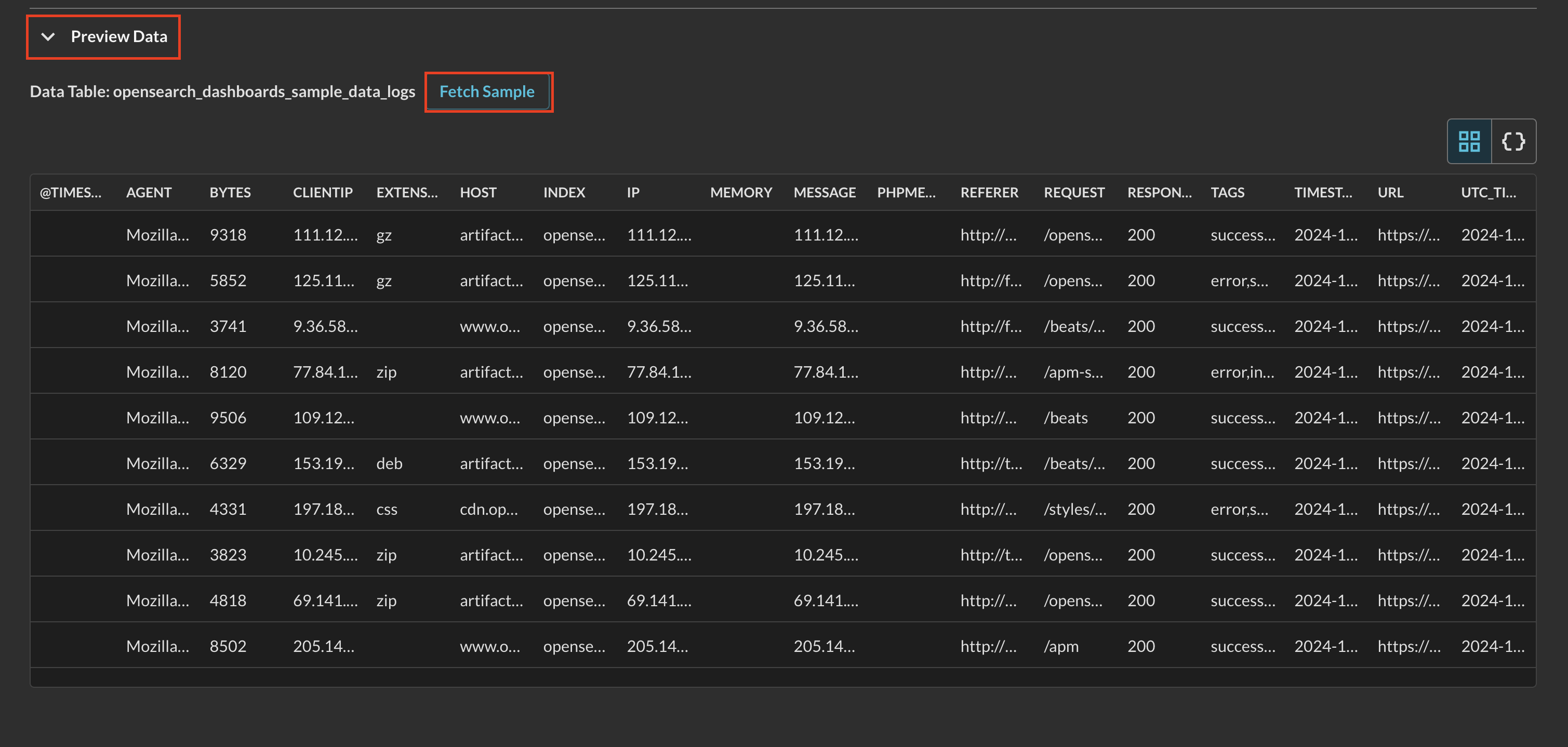 FIG. 10 - Previewing a table of data from an OpenSearch Service index