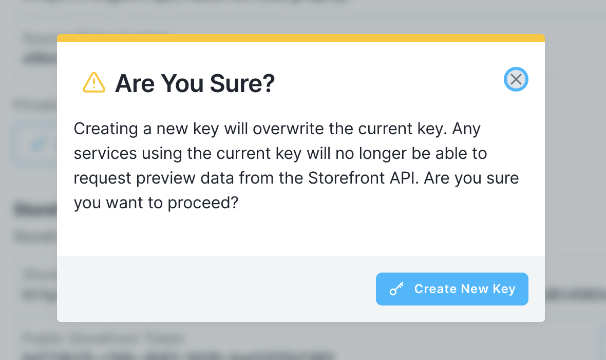 A modal in the Nacelle Dashboard reads, "Are you sure? Creating a new key will overwrite the current key. Any services using the current key will no longer be able to request preview data from the Storefront API. Are you sure you want to proceed?" At the bottom of the modal, there's a "Create New Key" button to proceed.