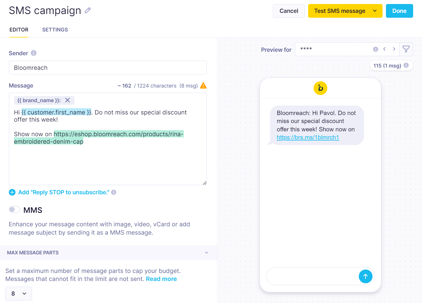 The SMS action node