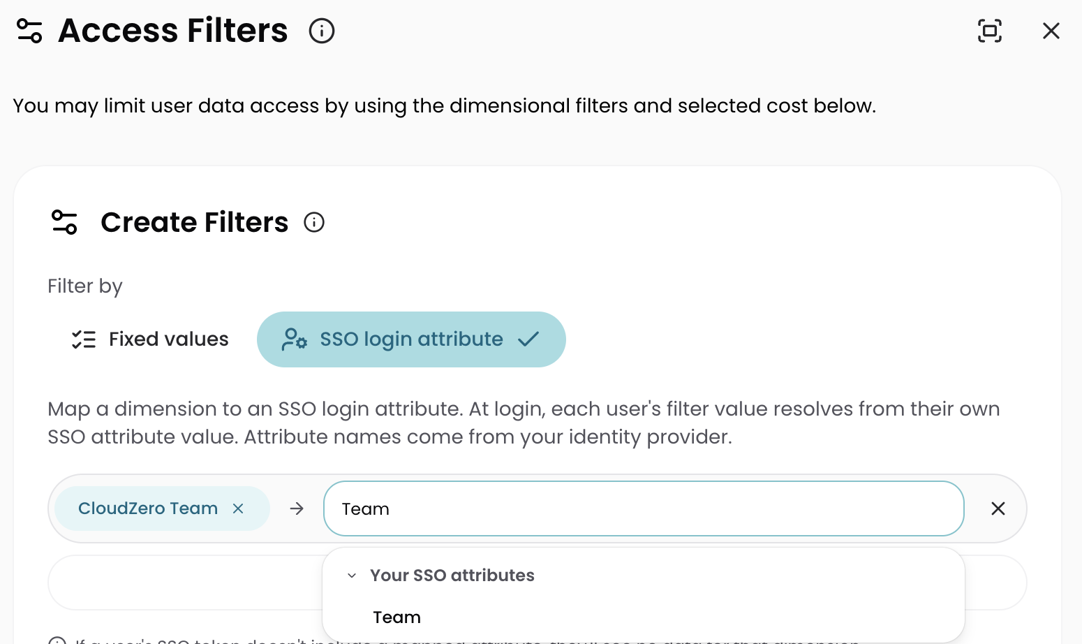 SSO login attribute filter showing the Your SSO attributes list of attributes CloudZero sees for the signed-in user