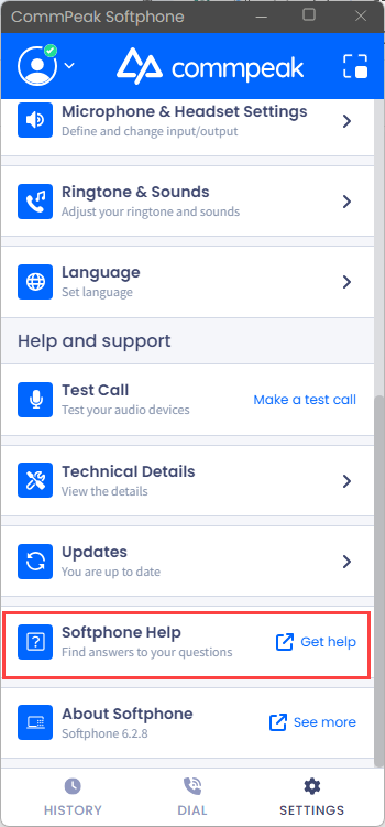 Screenshot of the Softphone Help option