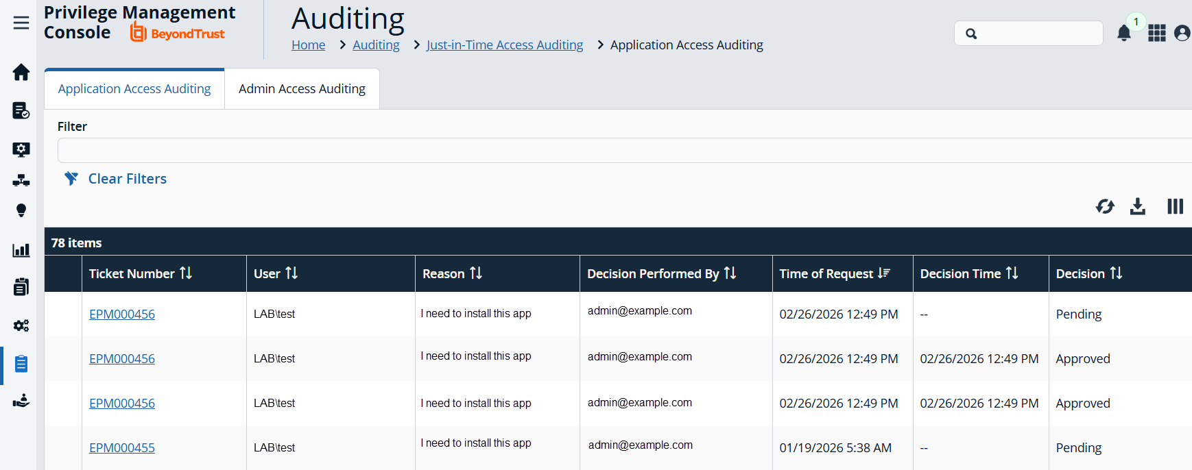 Just-in-time auditing with app access and admin access results