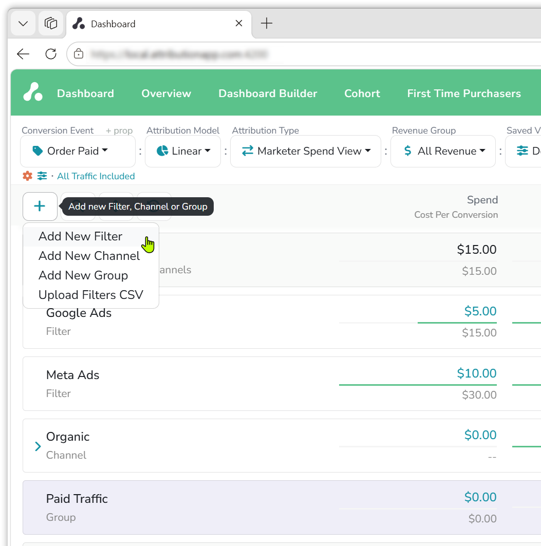 The plus button above the dashboard rows opened, offering Add New Filter, Add New Channel, Add New Group and Upload Filters CSV