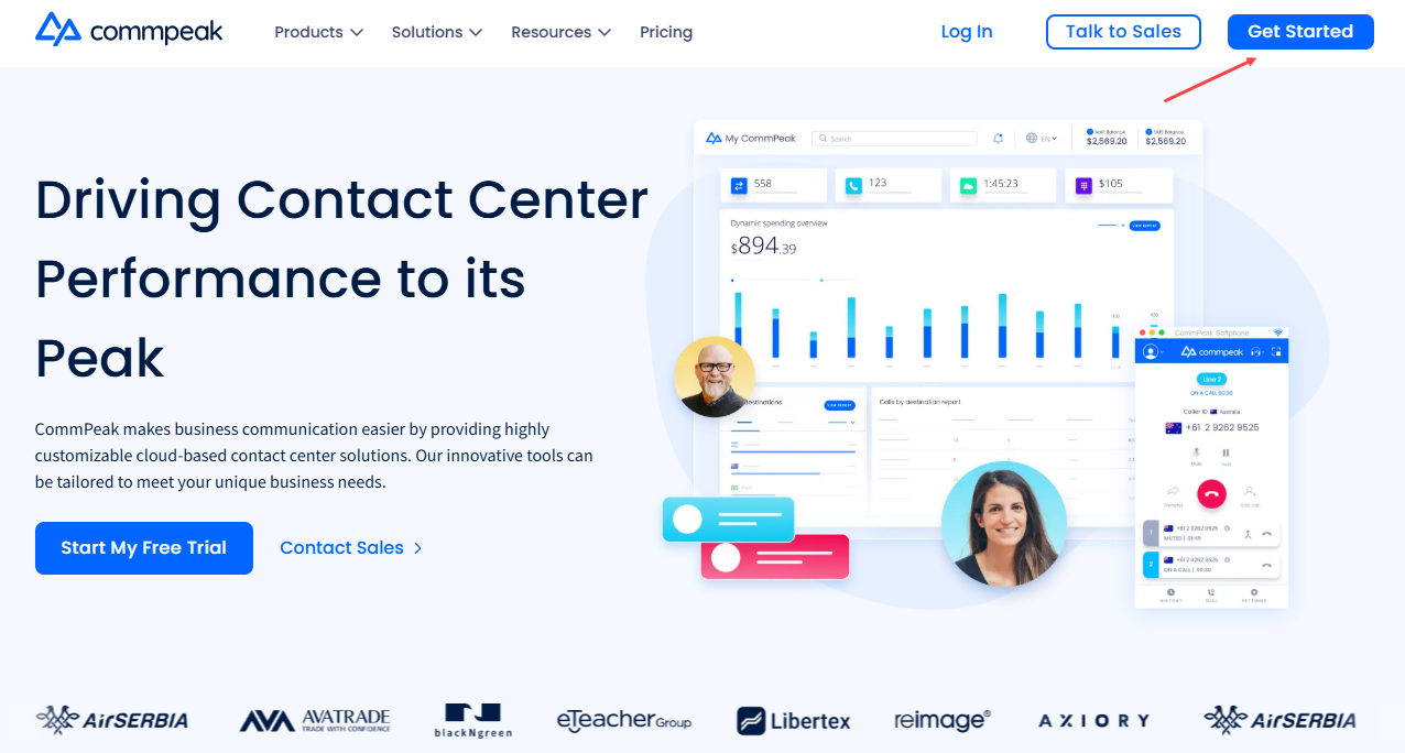 Screenshot of CommPeak Home page: Get Started button