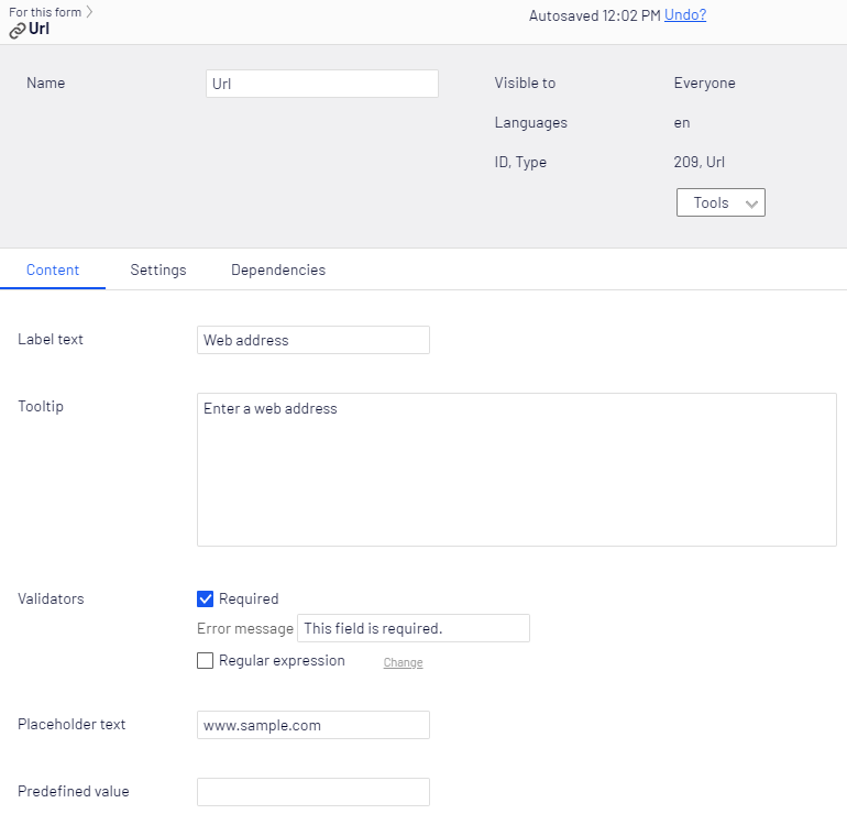 Screenshot of the URL element Content tab with Label text, Tooltip, Validators, Placeholder text, and Predefined value fields where editors configure URL input