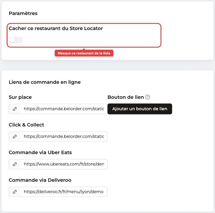 Section Informations de base remplie : l'interrupteur Cacher ce restaurant du Store Locator et les quatre champs de liens de commande