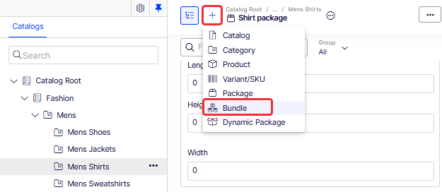 Screenshot of the toolbar Bundle option when creating a new catalog entry.