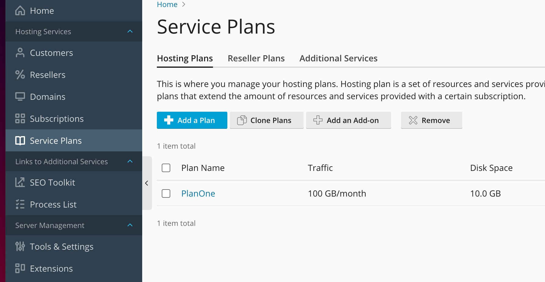 The service plan name here is 'PlanOne'