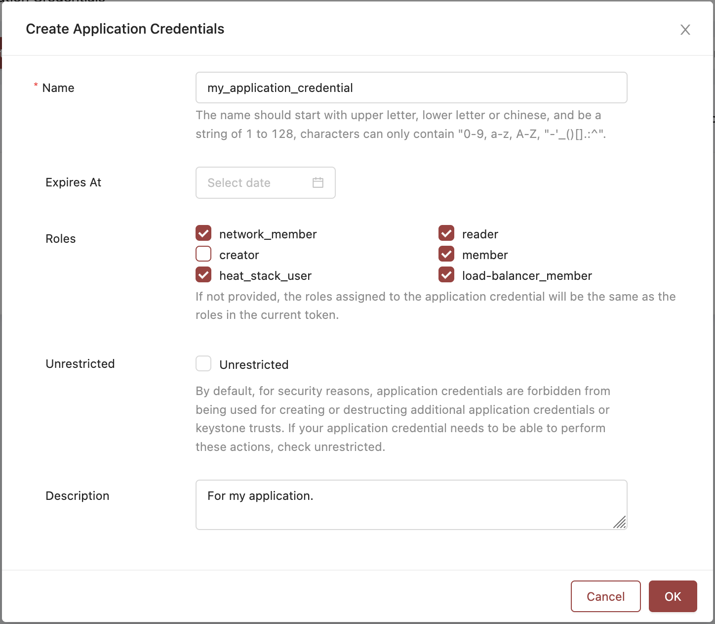 An example of an Application Credential without an expiration.