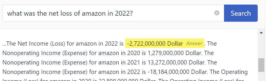 The query field contains the question: what was the net loss of amazon in 2022? and the search results show a document with the answer -2,722,000,000 dollar highlighted in yellow.