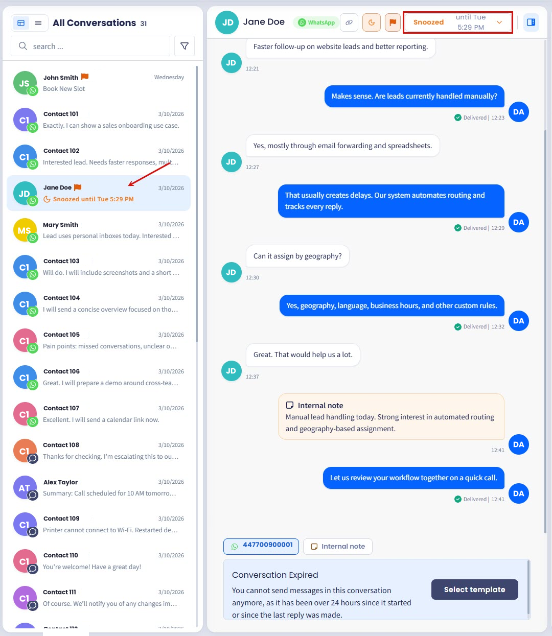 Screenshot of the snoozed conversation view