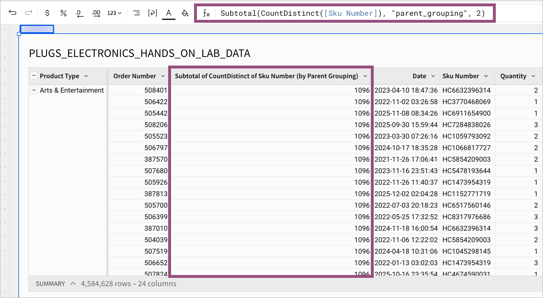 A table shows a calculated column that uses the Subtotal function to return the number of unique products for the entire table, returning 1,096 for each row, despite the table being grouped by Product Type