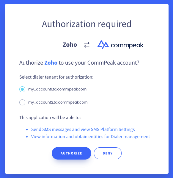 Screenshot with authorizing Zoho