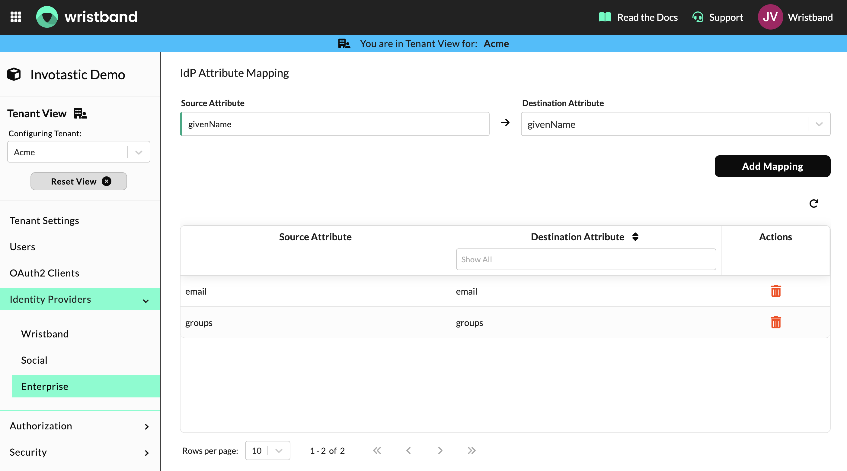 Wristband: IdP Attribute Mapping with email and groups mappings configured