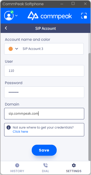 Screenshot of the screen with entering SIP credentials and domain from CommPeak Portal