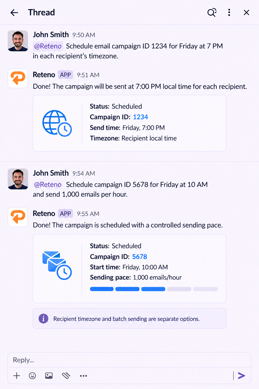Scheduling a bulk email campaign and its sending pace with the Reteno agent in Slack