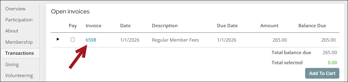 Selecting an invoice from the open invoices area on an account page