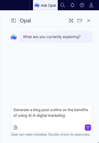 Screenshot of the Ask Opal button where Opal Chat opens in a Commerce Connect page.