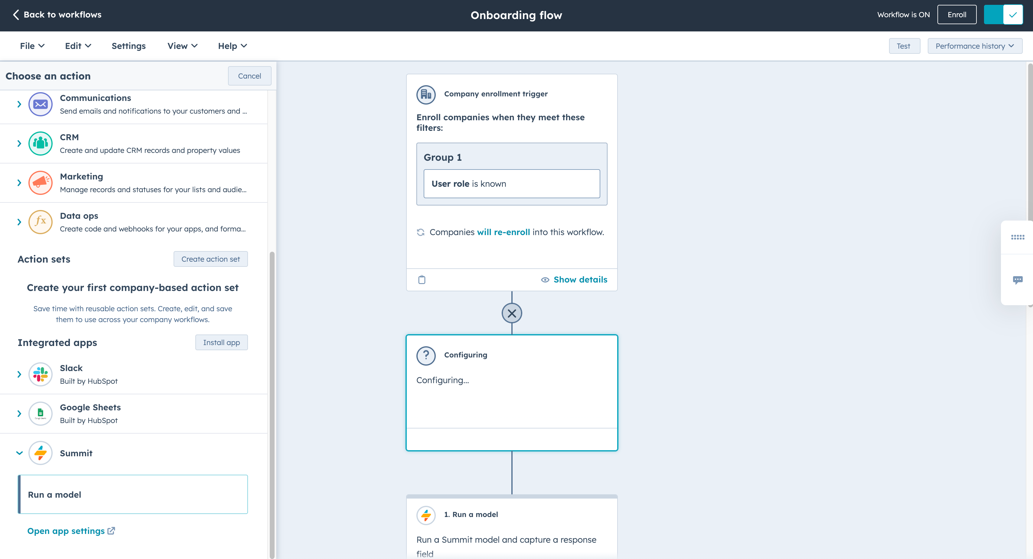 The Summit app inside HubSpot Workflows.