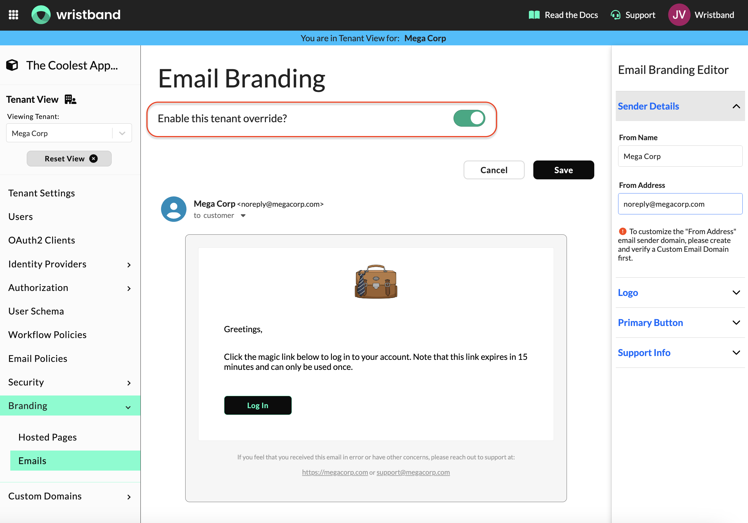 Email Branding Override Toggle