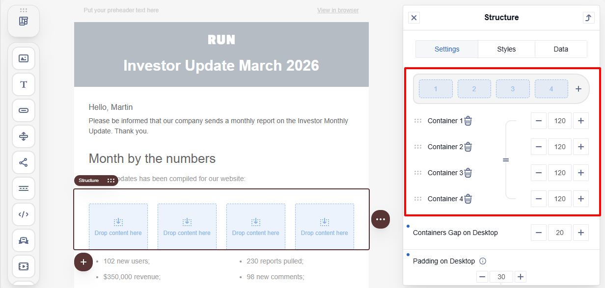 Adjusting container settings