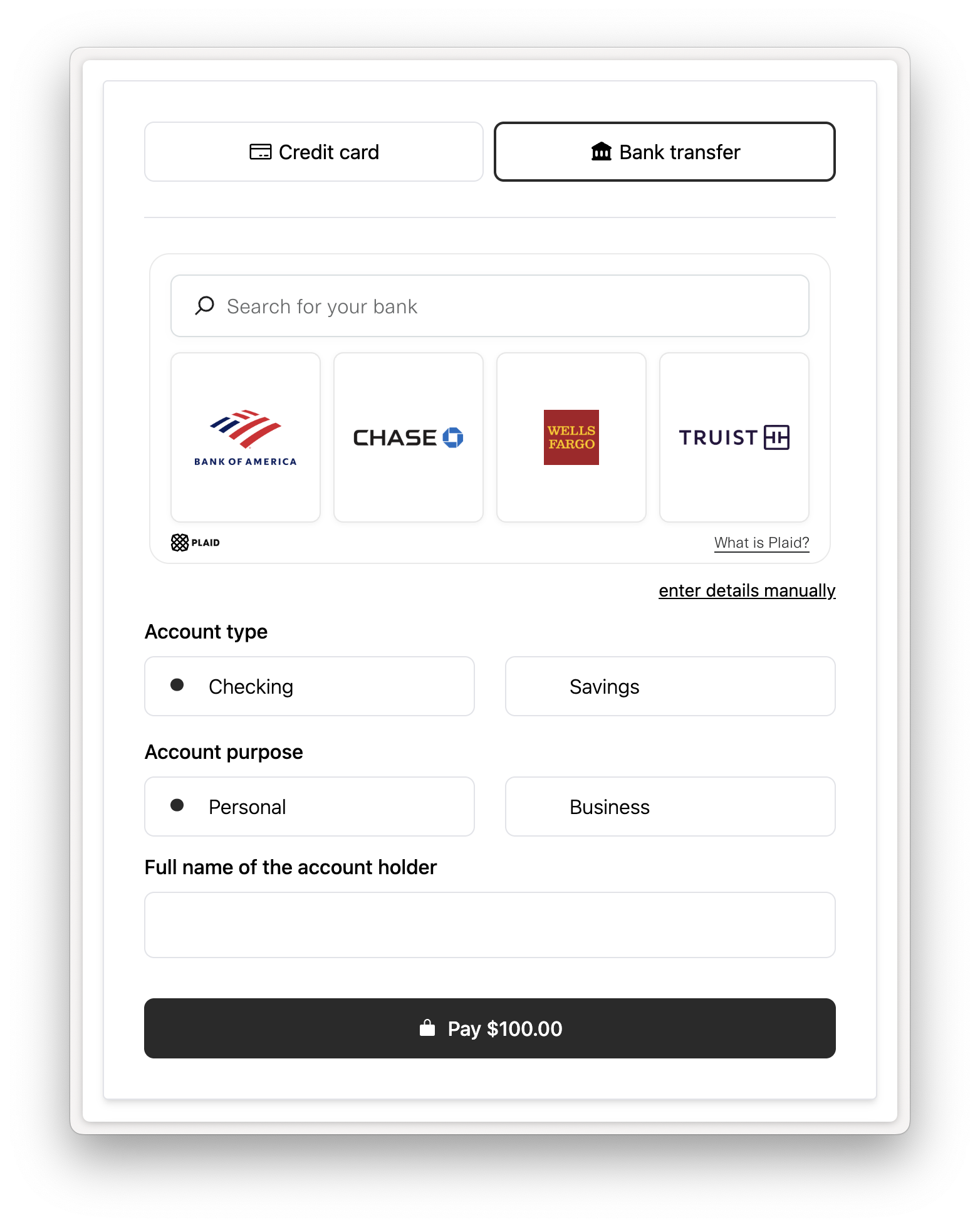 Rainforest Payment Component with Validated ACH payment method