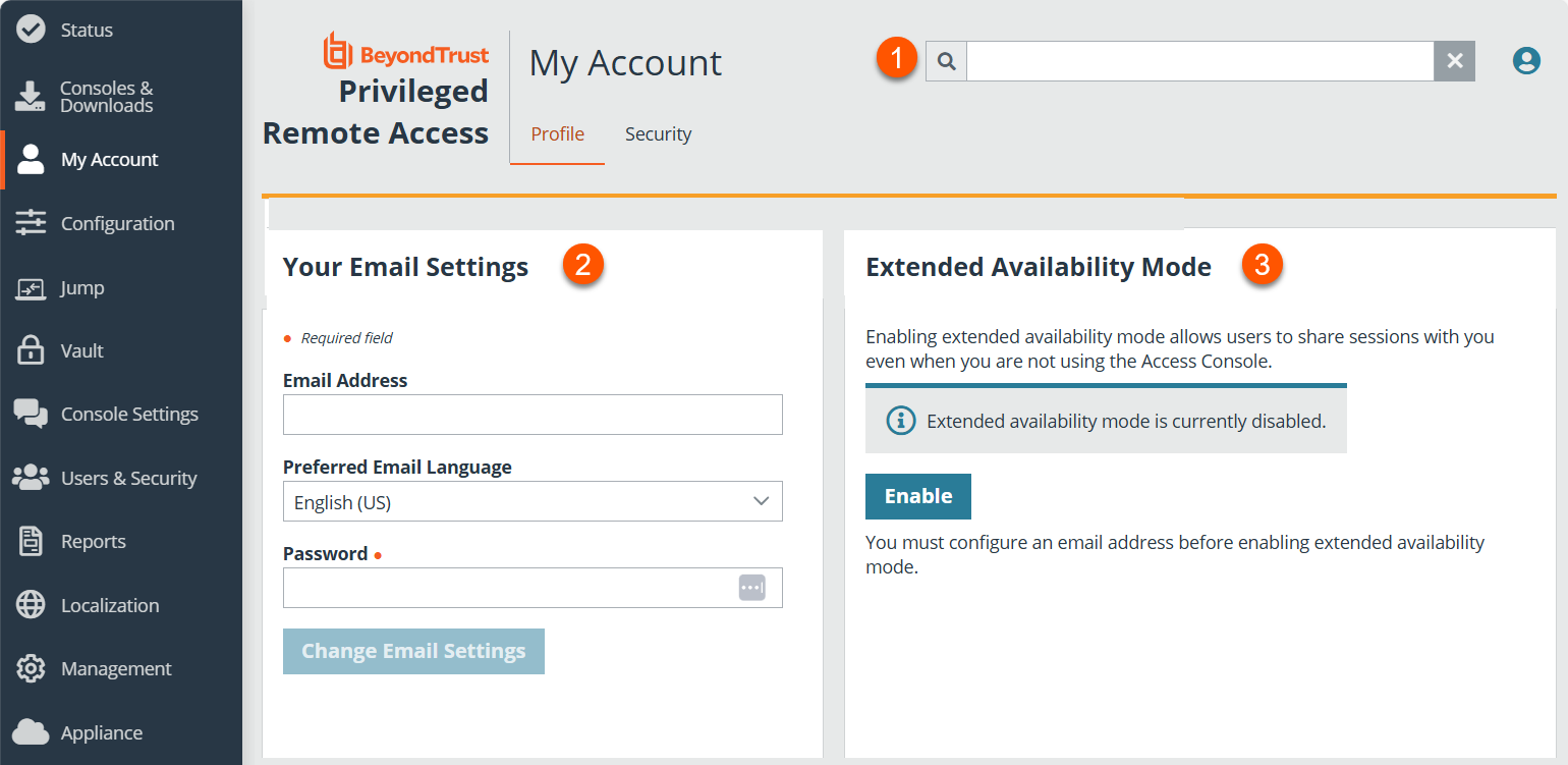 An image of the "My Account" section in the BeyondTrust Privileged Remote Access interface, under the "Profile" tab. The interface includes two main sections: "Your Email Settings," with fields for email address, preferred email language, and password, along with a "Change Email Settings" button; and "Extended Availability Mode," which includes a description of the feature and an "Enable" button. A message indicates that extended availability mode is currently disabled. The left navigation panel lists various sections such as Status, Consoles & Downloads, Configuration, Vault, Reports, and more.