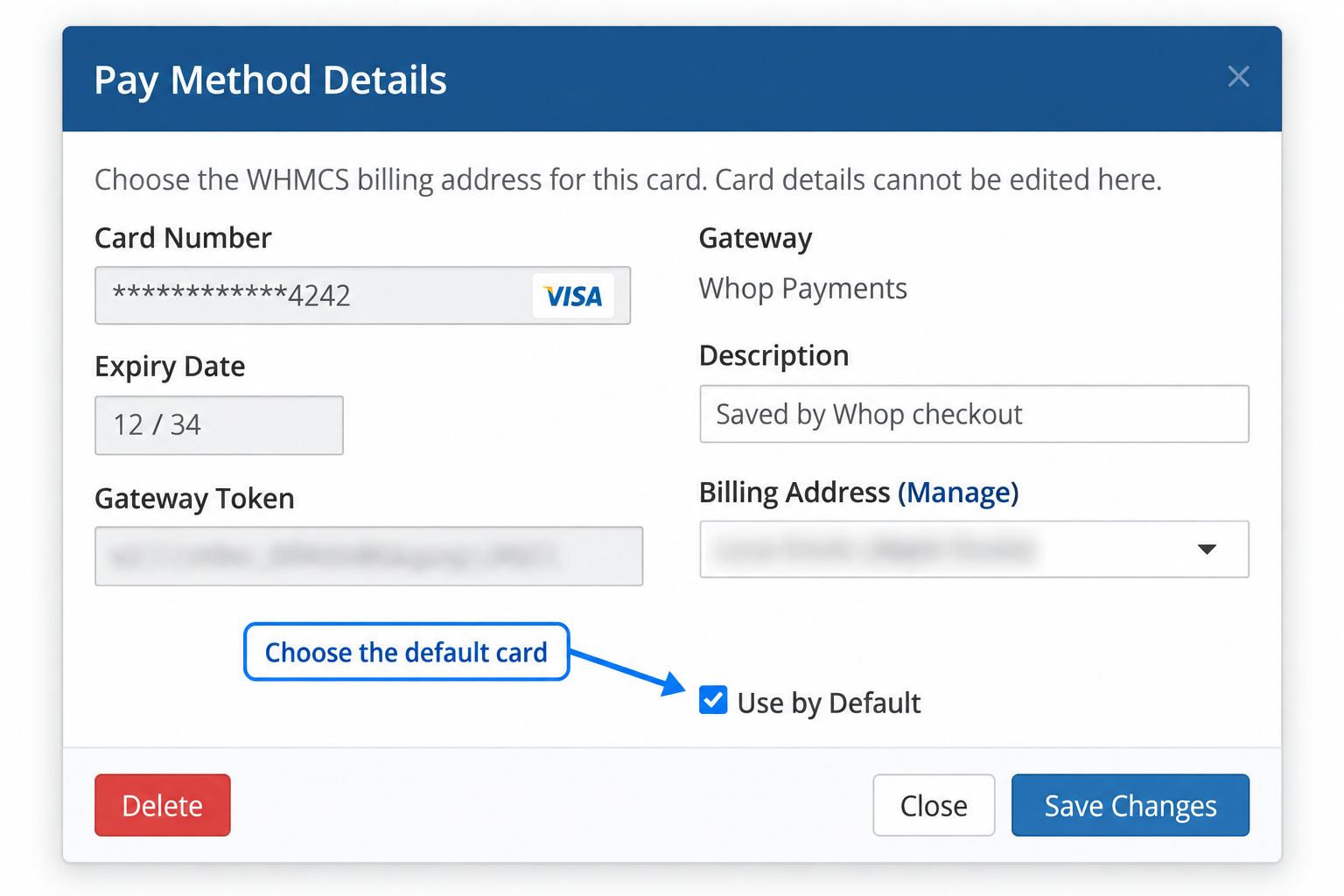 Saved card details and default selection