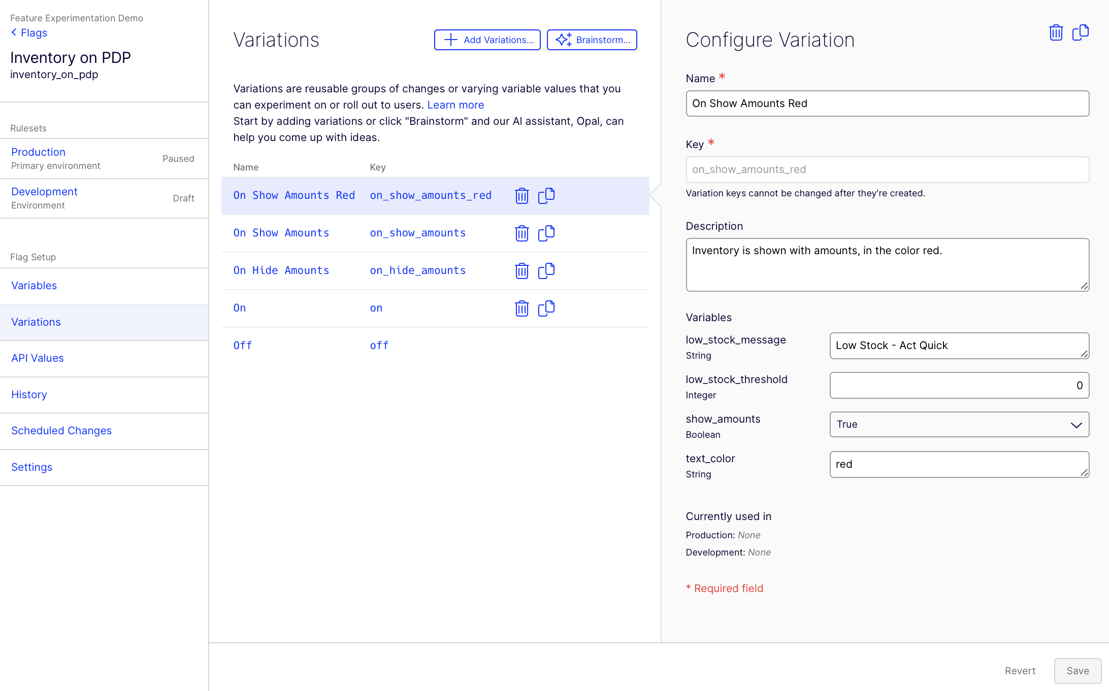 Feature Experimentation Variations page