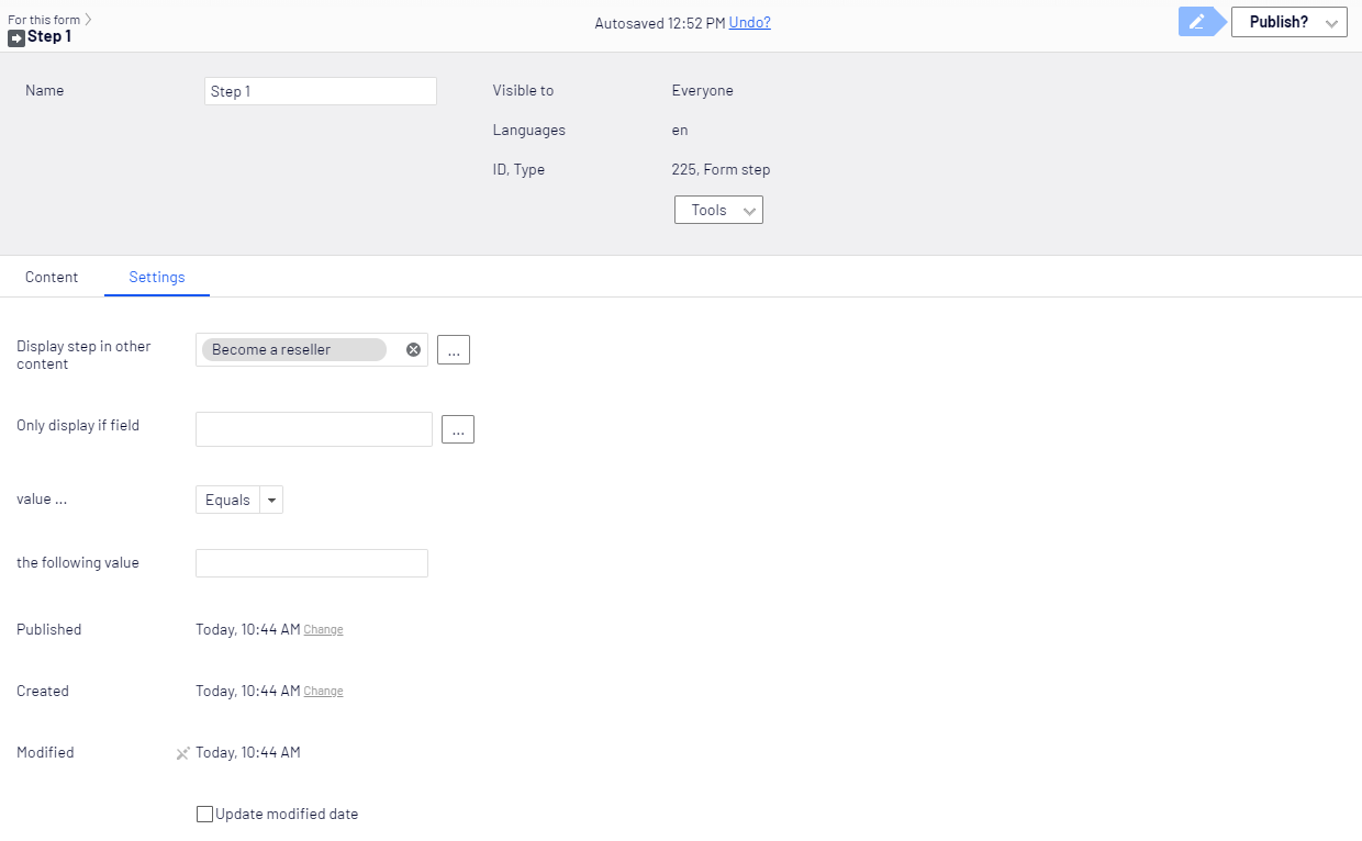 Screenshot of the Form step element Settings tab with Display step in other content and Only display if field options where editors configure conditional step display
