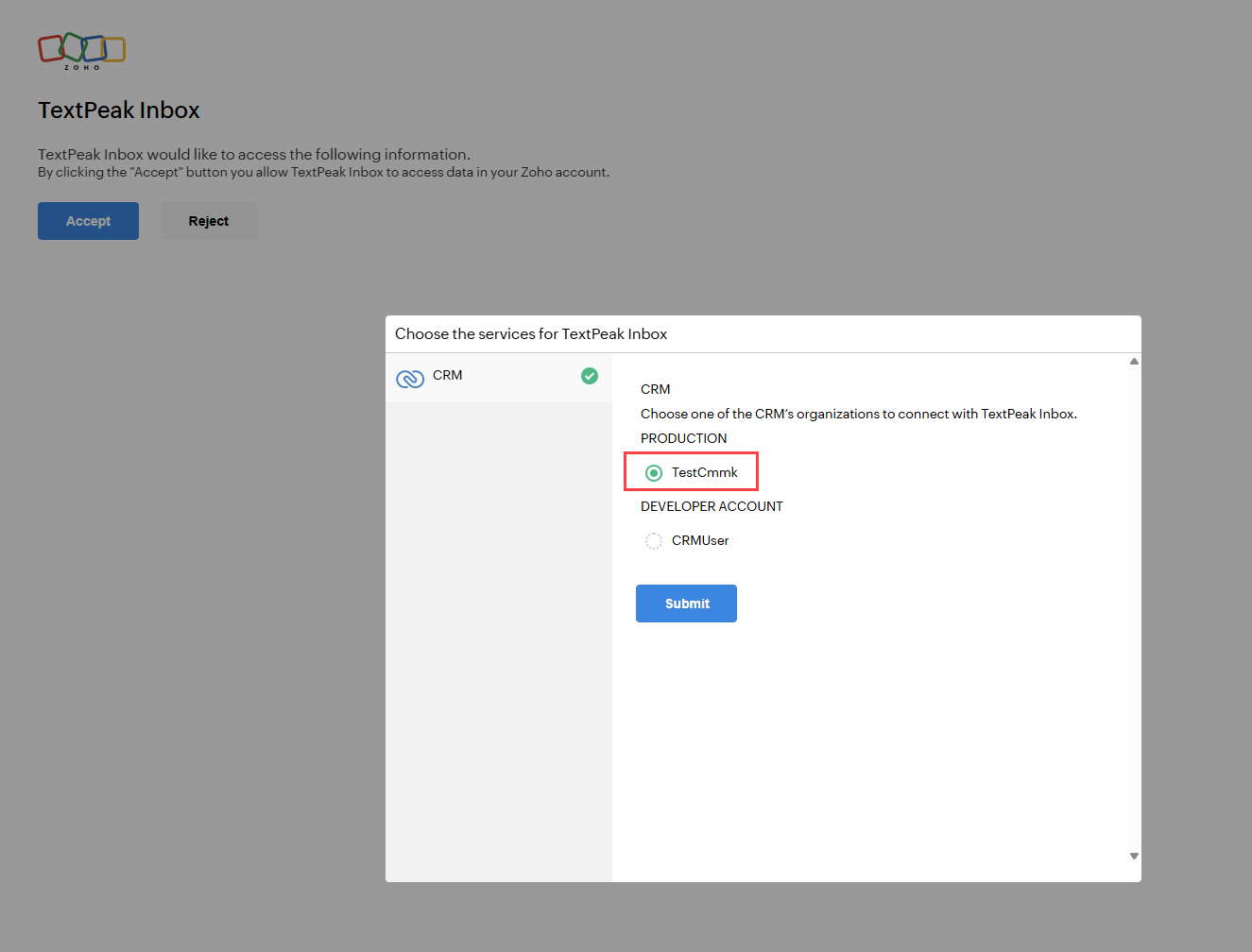 Screenshot with choosing a CRM production account